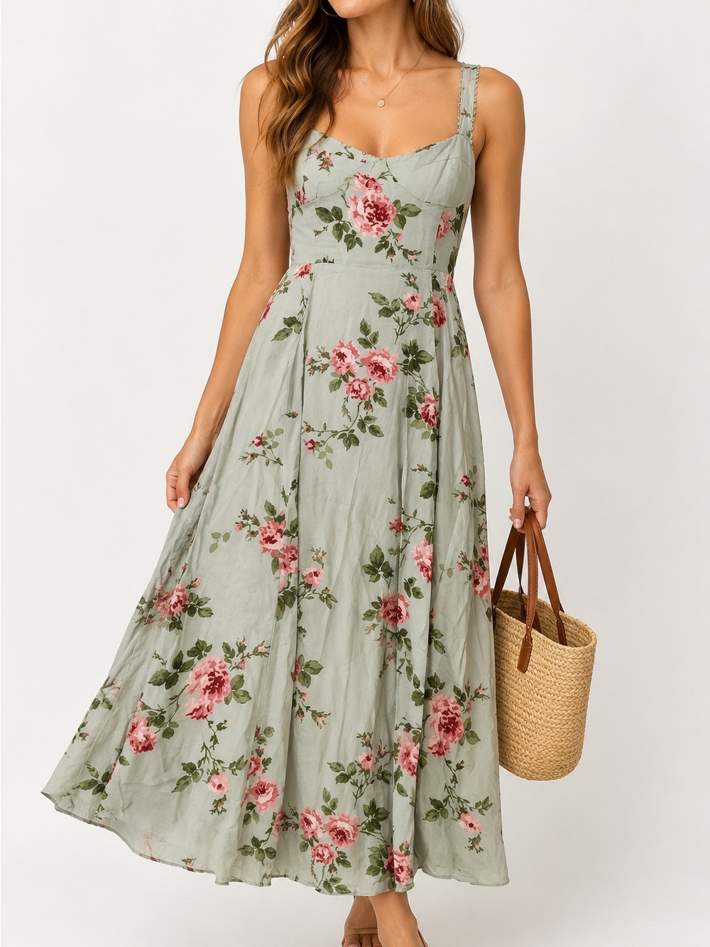 Reformation Floral Midi Dress Size 6 – Sage Green Rose Print Boho Romantic